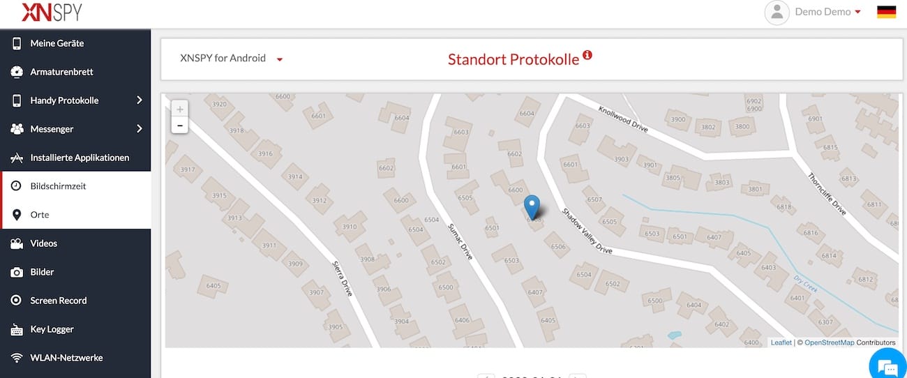 XNSPY GPS-Standortverfolgung mit Kartenansicht und Historie