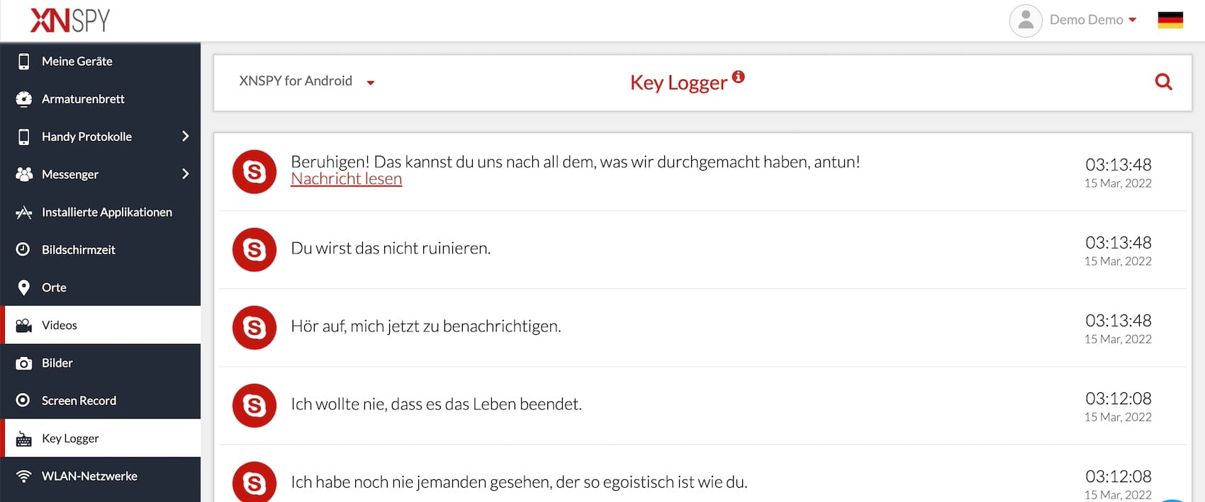 XNSPY Keylogger-Protokoll mit erfassten Tastatureingaben pro App