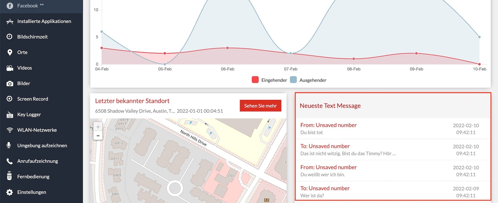 XNSPY SMS und Messenger-Übersicht im Web-Dashboard